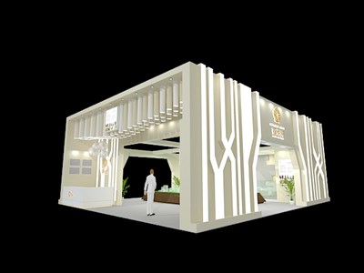 120平米展臺設(shè)計(jì)制作：三面開口/現(xiàn)代/木質(zhì)結(jié)構(gòu)/白色，為房產(chǎn)展展商而作（免費(fèi)使用）
