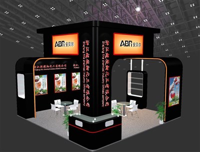 36平米展臺設(shè)計制作：三面開口/現(xiàn)代/木質(zhì)結(jié)構(gòu)/黑色，為化工展展商而作（免費使用）