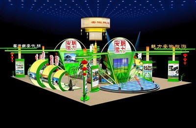 720平米展臺設(shè)計制作：四面開口/前衛(wèi)/型材結(jié)構(gòu)/綠色，為旅游展展商而作（免費使用）
