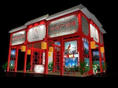 108平米展臺設(shè)計制作：三面開口/中式/木質(zhì)結(jié)構(gòu)/紅色，為旅游展展商而作（免費(fèi)使用）