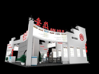 160平米展臺設(shè)計制作：四面開口/中式/木質(zhì)結(jié)構(gòu)/白色，為旅游展展商而作（免費使用）