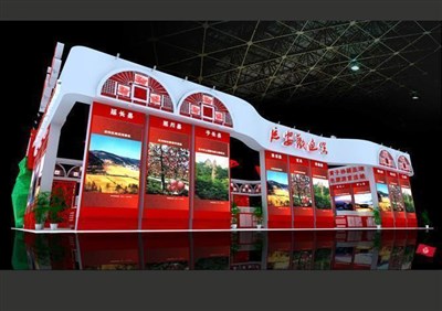 249.8平米展臺設(shè)計制作：四面開口/現(xiàn)代/木質(zhì)結(jié)構(gòu)/紅色，為旅游展展商而作（免費使用）