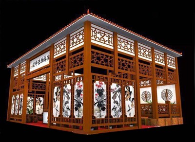 75平米展臺設計制作：三面開口/中式/木質結構/咖啡色，為工藝品展展商而作（免費使用）