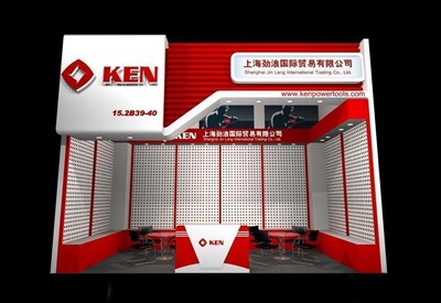 18平米展臺(tái)設(shè)計(jì)制作：一面開(kāi)口/現(xiàn)代/木質(zhì)結(jié)構(gòu)/紅色，為工具展展商而作（免費(fèi)使用）