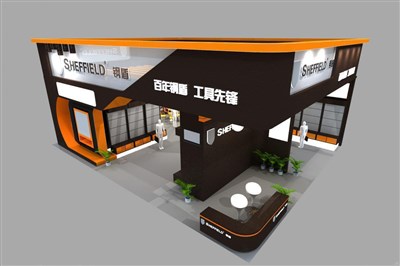 120平米展臺設(shè)計制作：二面開口/現(xiàn)代/木質(zhì)結(jié)構(gòu)/黑色，為工具展展商而作（免費使用）
