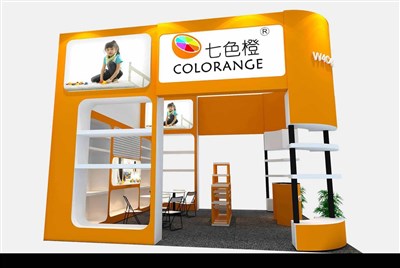 36平米展臺(tái)設(shè)計(jì)制作：三面開口/現(xiàn)代/木質(zhì)結(jié)構(gòu)/橙色，為玩具展展商而作（免費(fèi)使用）