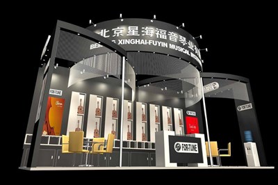 54平米展臺設計制作：三面開口/前衛(wèi)/木質結構/黑色，為樂器展展商而作（免費使用）