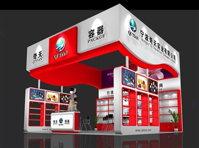 36平米展臺設計制作：三面開口/現(xiàn)代/木質(zhì)結構/紅色，為美博會展商而作（免費使用）