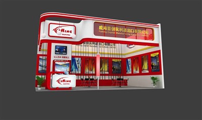 54平米展臺設(shè)計(jì)制作：二面開口/現(xiàn)代/木質(zhì)結(jié)構(gòu)/紅色，為釣具展展商而作（免費(fèi)使用）