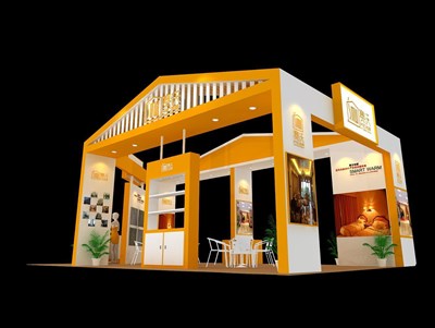 60平米展臺設計制作：四面開口/現(xiàn)代/木質結構/黃色，為綜合展展商而作（免費使用）