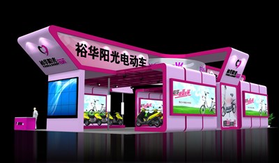264平米展臺設計制作：一面開口/中式/型材結(jié)構(gòu)/粉色，為單/摩托車展商而作（免費使用）