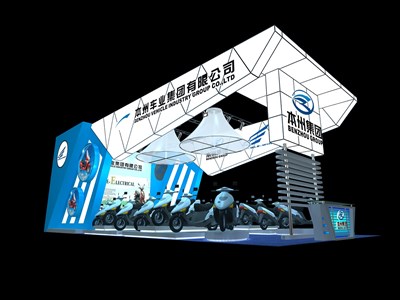 72平米展臺設(shè)計制作：三面開口/前衛(wèi)/型材結(jié)構(gòu)/藍色，為單/摩托車展商而作（免費使用）