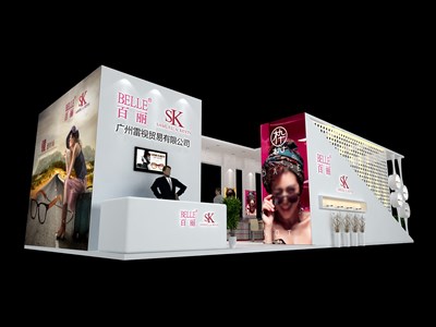 45平米展臺設計制作：三面開口/現(xiàn)代/木質結構/白色，為眼鏡展展商而作（免費使用）