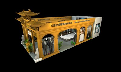 84平米展臺(tái)設(shè)計(jì)制作：三面開口/中式/木質(zhì)結(jié)構(gòu)/黃色，為服裝展展商而作（免費(fèi)使用）