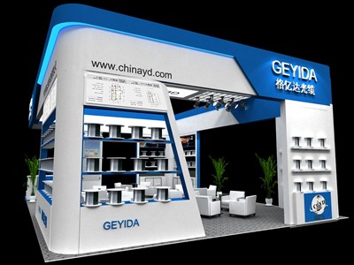 108平米展臺設計制作：三面開口/現(xiàn)代/木質(zhì)結(jié)構(gòu)/藍色，為照明展展商而作（免費使用）