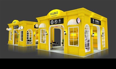 72平米展臺設(shè)計制作：四面開口/現(xiàn)代/木質(zhì)結(jié)構(gòu)/黃色，為紡織展展商而作（免費使用）