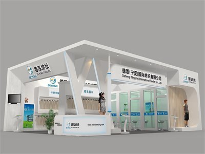 108平米展臺(tái)設(shè)計(jì)制作：二面開口/現(xiàn)代/木質(zhì)結(jié)構(gòu)/白色，為紡織展展商而作（免費(fèi)使用）