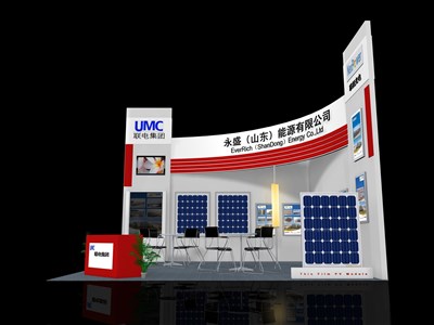 36平米展臺設計制作：二面開口/現(xiàn)代/木質結構/白色，為光伏展展商而作（免費使用）
