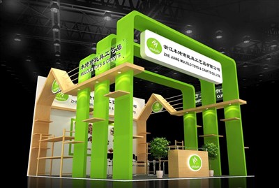 36平米展臺設計制作：二面開口/前衛(wèi)/木質結構/綠色，為玩具展展商而作（免費使用）