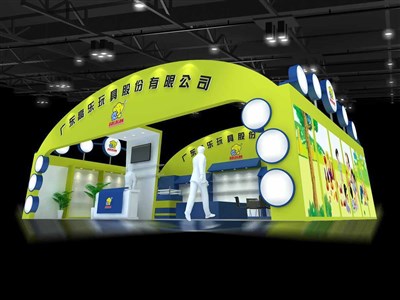 96平米展臺設(shè)計(jì)制作：一面開口/現(xiàn)代/木質(zhì)結(jié)構(gòu)/黃色，為玩具展展商而作（免費(fèi)使用）