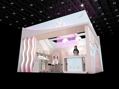 36平米展臺(tái)設(shè)計(jì)制作：二面開口/流線/木質(zhì)結(jié)構(gòu)/米色，為嬰幼展展商而作（免費(fèi)使用）