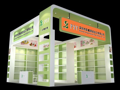 36平米展臺(tái)設(shè)計(jì)制作：二面開口/現(xiàn)代/木質(zhì)結(jié)構(gòu)/綠色，為玩具展展商而作（免費(fèi)使用）
