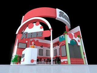 36平米展臺(tái)設(shè)計(jì)制作：二面開口/現(xiàn)代/木質(zhì)結(jié)構(gòu)/紅色，為玩具展展商而作（免費(fèi)使用）