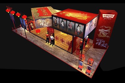 90平米展臺設計制作：二面開口/中式/木質(zhì)結(jié)構(gòu)/紅色，為服裝展展商而作（免費使用）