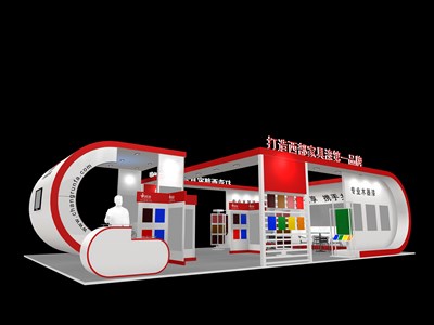 104平米展臺設計制作：二面開口/現(xiàn)代/木質(zhì)結(jié)構(gòu)/紅色，為化工展展商而作（免費使用）