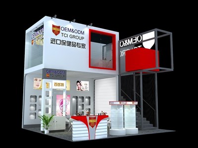 36平米展臺設(shè)計(jì)制作：三面開口/前衛(wèi)/雙層結(jié)構(gòu)/白色，為食品展展商而作（免費(fèi)使用）