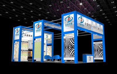 60平米展臺(tái)設(shè)計(jì)制作：三面開口/現(xiàn)代/木質(zhì)結(jié)構(gòu)/藍(lán)色，為紡織展展商而作（免費(fèi)使用）