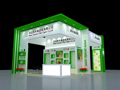 54平米展臺設計制作：四面開口/現(xiàn)代/木質(zhì)結(jié)構(gòu)/綠色，為汽配展展商而作（免費使用）