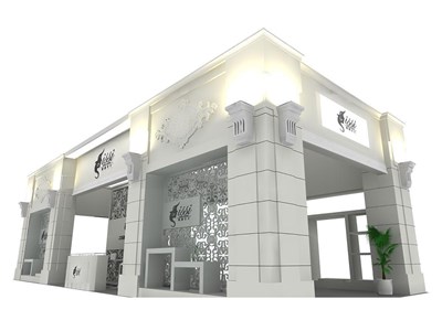 84平米展臺(tái)設(shè)計(jì)制作：四面開口/歐式/木質(zhì)結(jié)構(gòu)/白色，為紡織展展商而作（免費(fèi)使用）