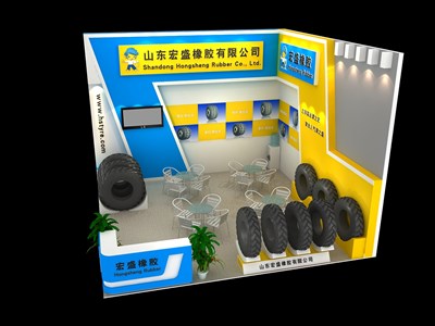 36平米展臺設(shè)計制作：二面開口/現(xiàn)代/木質(zhì)結(jié)構(gòu)/黃色，為汽配展展商而作（免費使用）