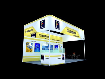 36平米展臺設(shè)計制作：三面開口/現(xiàn)代/木質(zhì)結(jié)構(gòu)/黃色，為汽配展展商而作（免費使用）