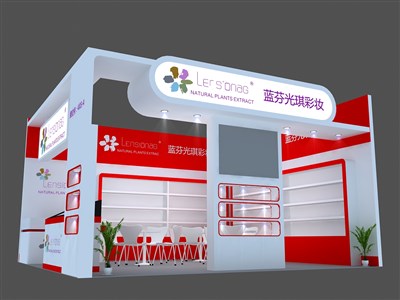 33平米展臺設(shè)計(jì)制作：二面開口/現(xiàn)代/木質(zhì)結(jié)構(gòu)/白色，為美博會展商而作（免費(fèi)使用）