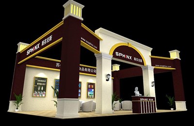 70平米展臺(tái)設(shè)計(jì)制作：三面開口/歐式/木質(zhì)結(jié)構(gòu)/米色，為食品展展商而作（免費(fèi)使用）