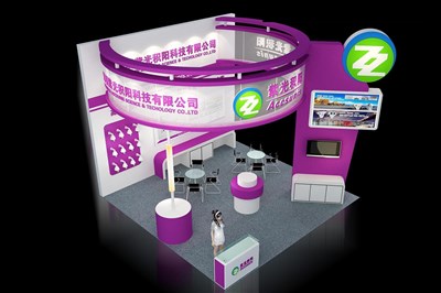 36平米展臺設(shè)計制作：三面開口/現(xiàn)代/木質(zhì)結(jié)構(gòu)/紫色，為安防展展商而作（免費(fèi)使用）