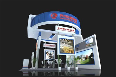36平米展臺設(shè)計制作：三面開口/現(xiàn)代/木質(zhì)結(jié)構(gòu)/藍(lán)色，為食品展展商而作（免費(fèi)使用）
