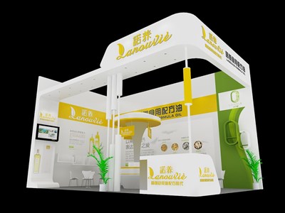 40平米展臺設(shè)計制作：二面開口/現(xiàn)代/木質(zhì)結(jié)構(gòu)/白色，為食品展展商而作（免費(fèi)使用）