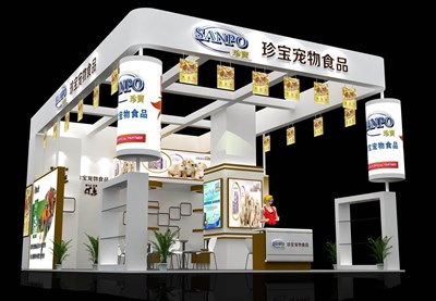77平米展臺設(shè)計制作：三面開口/現(xiàn)代/木質(zhì)結(jié)構(gòu)/白色，為食品展展商而作（免費(fèi)使用）