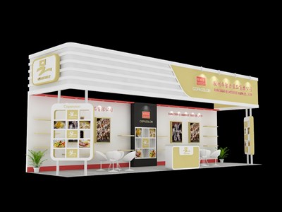 36平米展臺(tái)設(shè)計(jì)制作：三面開(kāi)口/現(xiàn)代/木質(zhì)結(jié)構(gòu)/米色，為食品展展商而作（免費(fèi)使用）