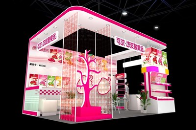 24平米展臺設(shè)計(jì)制作：三面開口/現(xiàn)代/木質(zhì)結(jié)構(gòu)/粉色，為食品展展商而作（免費(fèi)使用）