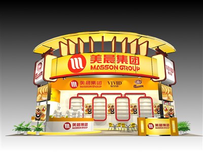 60平米展臺設計制作：三面開口/現(xiàn)代/木質結構/黃色，為食品展展商而作（免費使用）