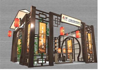 36平米展臺設(shè)計制作：三面開口/中式/木質(zhì)結(jié)構(gòu)/咖啡色，為家電展展商而作（免費使用）