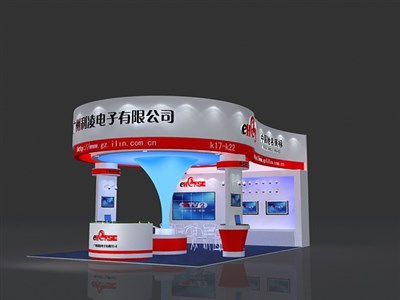 54平米展臺設計制作：三面開口/現(xiàn)代/木質結構/紅色，為安防展展商而作（免費使用）