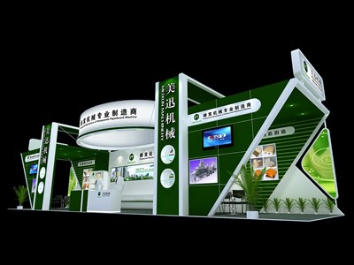 72平米展臺設(shè)計制作：三面開口/現(xiàn)代/木質(zhì)結(jié)構(gòu)/綠色，為機械展展商而作（免費使用）