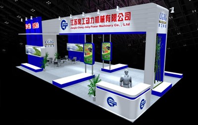 112平米展臺(tái)設(shè)計(jì)制作：四面開口/現(xiàn)代/木質(zhì)結(jié)構(gòu)/藍(lán)色，為機(jī)械展展商而作（免費(fèi)使用）