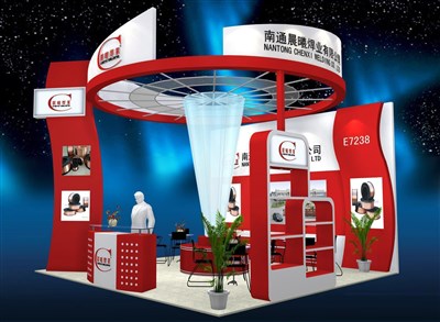 36平米展臺設(shè)計制作：三面開口/現(xiàn)代/木質(zhì)結(jié)構(gòu)/紅色，為機械展展商而作（免費使用）