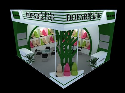 42平米展臺(tái)設(shè)計(jì)制作：二面開(kāi)口/現(xiàn)代/木質(zhì)結(jié)構(gòu)/綠色，為汽配展展商而作（免費(fèi)使用）